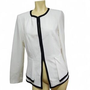 Calvin Klein Womens Blazer White Black Contrast Trim Peplum Open Front Size 10